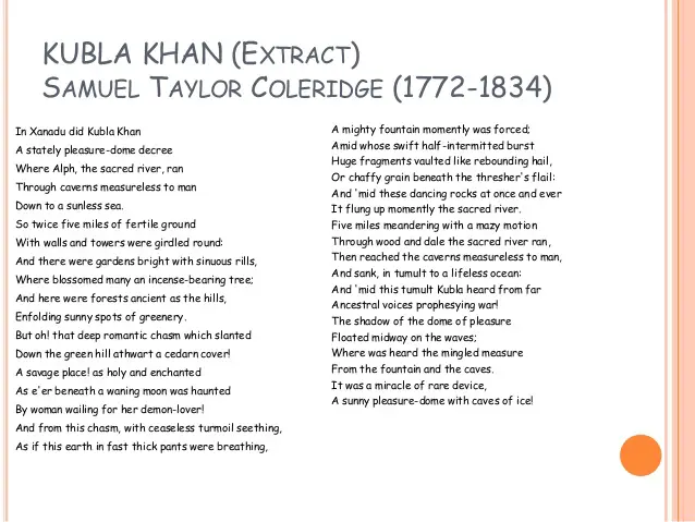 Стихи хана. Samuel Taylor Coleridge кубла Хан. Kubla Khan Coleridge. Кубла Хан стих. Дворец построил кубла Хан стих.