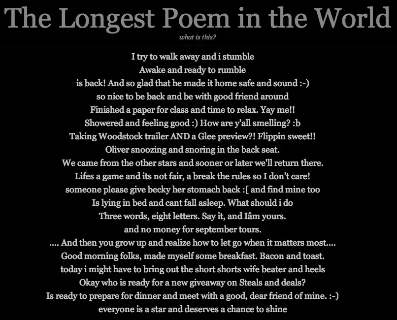 Long text in english. Long a poem. In the World of Poetry. Vogons poem. Amaemi -longing for you.