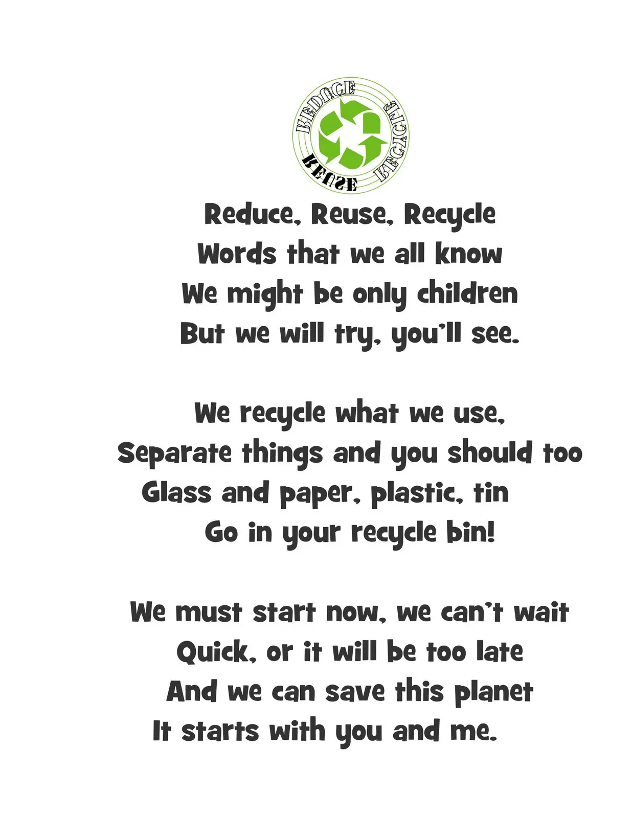 reduce reuse recycle poem for kids