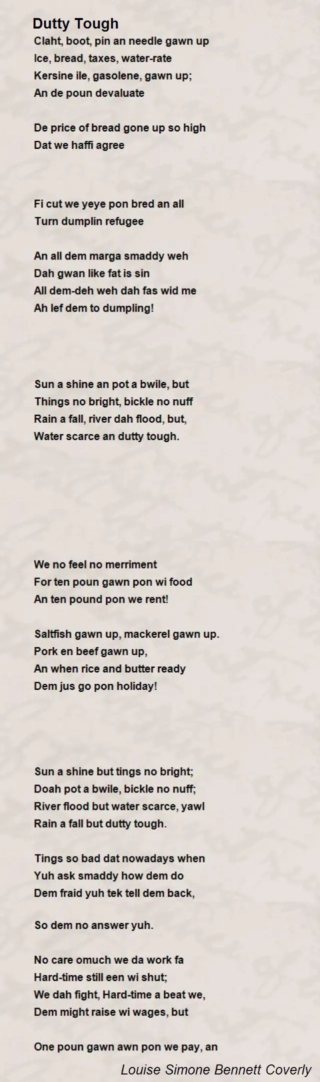 Dutty Tough - Dutty Tough Poem by Louise Simone Bennett Coverly